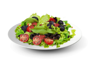 Salade, tomates, olives noires.